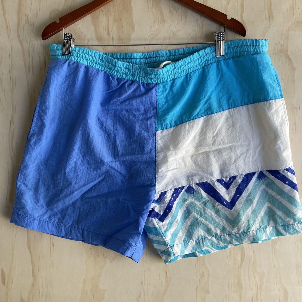 Vintage Gitano Swim Shorts Mens Large Blue Multicolor Colorblock Chevron Trunks‎